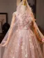 Fabelhaft Rosa Perlenstickerei Perle Pailletten Applikationen Ballkleider 2025 Ballkleid Bandeau Mantel Ärmellos Rückenfreies Lange Tülle Ball