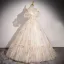 Elegant Champagne Pearl Floral Prom Dresses 2023 Ball Gown Off-The-Shoulder Short Sleeve Backless Floor-Length / Long Prom Formal Dresses