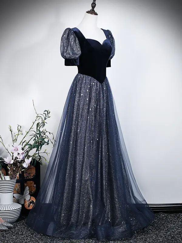 Vintage / Retro Navy Blue Sequins Prom Dresses 2026 A-Line / Princess Square Neckline Short Sleeve Backless