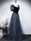 Vintage / Retro Navy Blue Sequins Prom Dresses 2026 A-Line / Princess Square Neckline Short Sleeve Backless