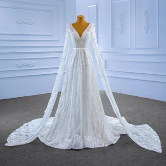 High End White Beading Sequins Wedding Dresses 2022 A Line Princess Sash V Neck Long Sleeve Backless Court Train Wedding
