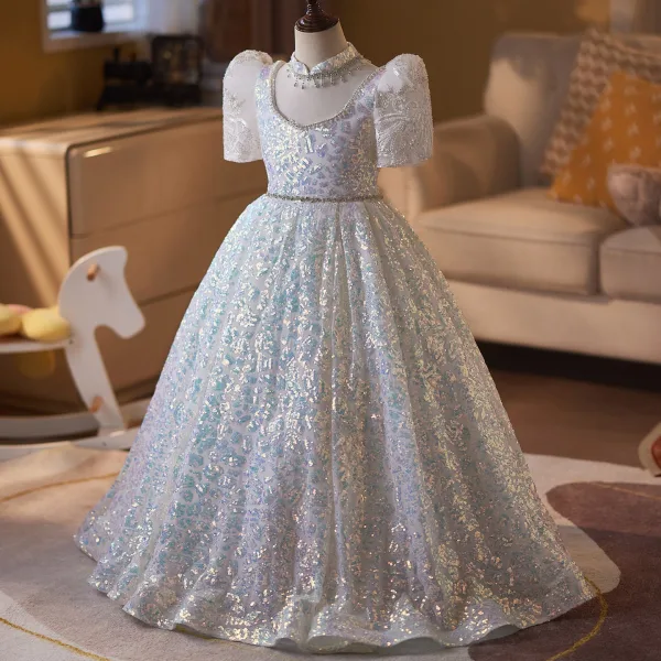 Sparkly White Rhinestone Sequins Birthday Flower Girl Dresses 2026 Ball Gown U-Neck Short Sleeve Backless Floor-Length / Long