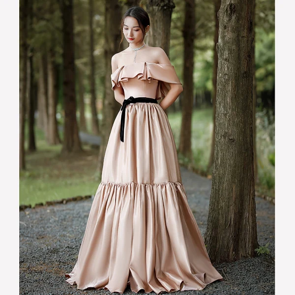 Elegant Beige Satin Prom Dresses 2022 A-Line / Princess Off-The-Shoulder Sleeveless Backless Bow Sash Floor-Length / Long Formal Dresses