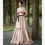 Elegant Beige Satin Prom Dresses 2022 A-Line / Princess Off-The-Shoulder Sleeveless Backless Bow Sash Floor-Length / Long Formal Dresses
