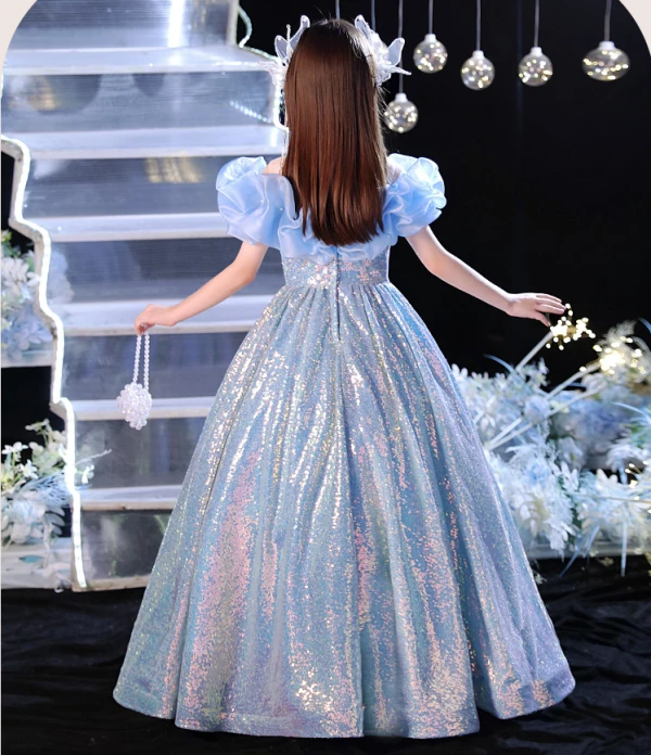 Sparkly Sky Blue Sequins Birthday Flower Girl Dresses 2024 A-Line / Princess Scoop Neck Ruffle Short Sleeve Floor-Length / Long