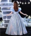 Sparkly Sky Blue Sequins Birthday Flower Girl Dresses 2024 A-Line / Princess Scoop Neck Ruffle Short Sleeve Floor-Length / Long