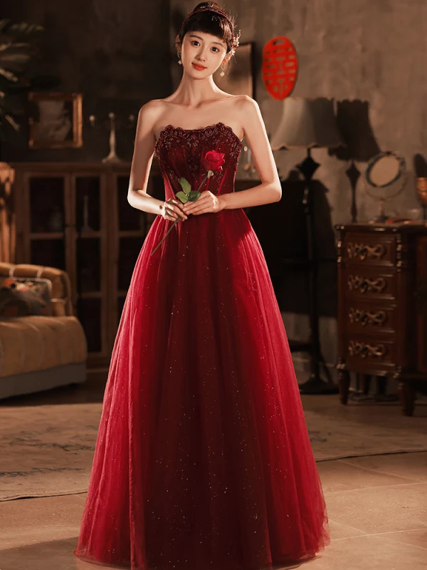 Chic / Belle Bordeaux Perlage Paillettes Robe De Bal 2022 Princesse Bustier Gonflée Manches Courtes Dos Nu Longue Robe De Ceremonie