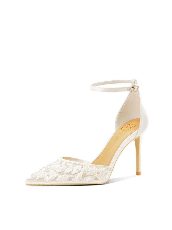 Fashion White Beading Tulle Wedding Shoes 2024 Ankle Strap 8 cm Stiletto Heels Pointed Toe Wedding Sandals High Heels