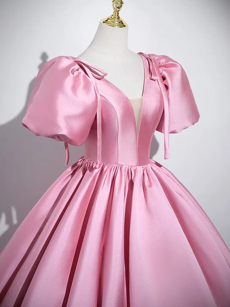 Elegant Blushing Pink Satin Prom Dresses 2025 Ball Gown V Neck Puffy Short  Sleeve Backless Floor Length Long Prom Formal Dresses