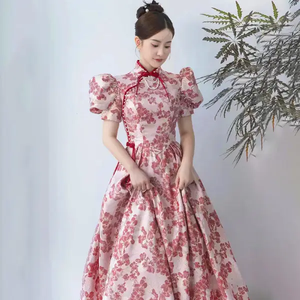 Elegant Burgundy Floral Prom Dresses 2022 A-Line / Princess High Neck Puffy Short Sleeve Backless Prom Floor-Length / Long Formal Dresses