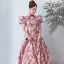 Elegant Burgundy Floral Prom Dresses 2022 A-Line / Princess High Neck Puffy Short Sleeve Backless Prom Floor-Length / Long Formal Dresses