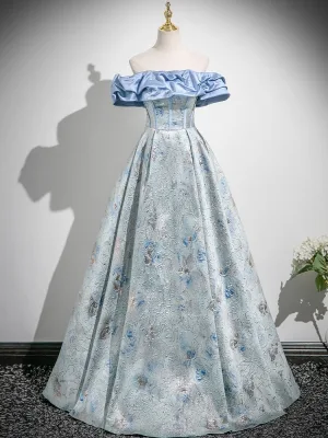 Chic Belle Bleu Ciel Impression Robe De Bal 2025 Princesse De L Épaule Manches Courtes Dos Nu Longue Robe De Ceremonie