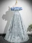 Chic / Beautiful Sky Blue Printing Prom Dresses 2025 A-Line / Princess Off-The-Shoulder Short Sleeve Backless Floor-Length / Long Formal Dresses
