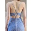 Sexy Bleu Ciel Paillettes Robe De Soirée 2023 Trompette / Sirène Bretelles Spaghetti Sans Manches Dos Nu Noeud Fendue devant Longue Soirée Robe De Ceremonie