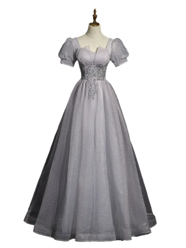 Élégant Gris Perlage Paillettes Robe De Bal 2023 Princesse Encolure Carrée Gonflée Manches Courtes Dos Nu Longue Promo Robe De Ceremonie