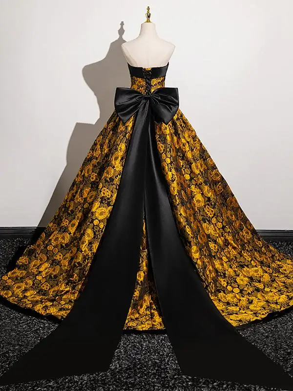 black and gold prom dress with train Gold-Trimmed Long Black Prom Dress: Ladivine CM358 Black Gold / 2