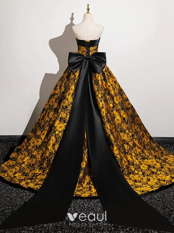 Vintage Retro Black Gold Printing Prom Dresses 2025 Ball Gown Strapless  Sleeveless Backless Bow Sweep Train Prom Formal Dresses