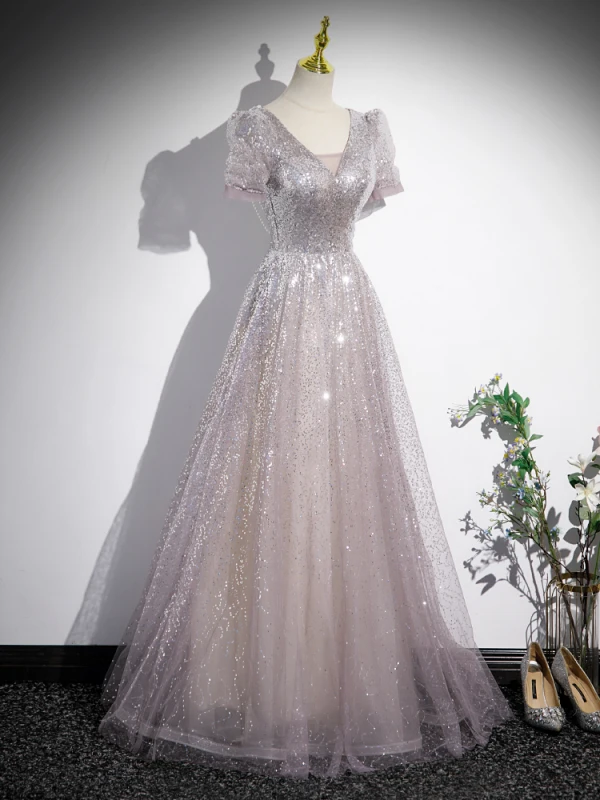 Sparkly Silver Sequins Prom Dresses 2023 A-Line / Princess V-Neck Short Sleeve Backless Pearl Tassel Floor-Length / Long Prom Formal Dresses
