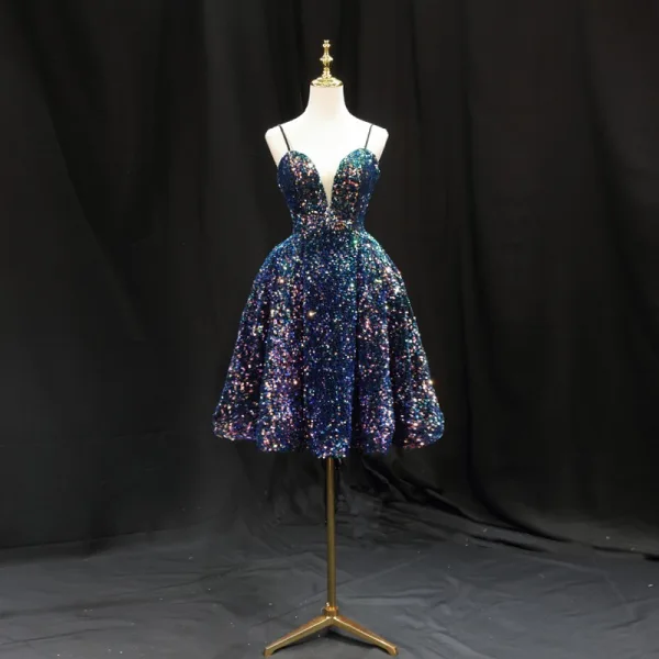 Sparkly Multi-Colors Sequins Party Dresses Cocktail Dresses 2024 Ball Gown Spaghetti Straps Sleeveless Backless Knee-Length Cocktail Party