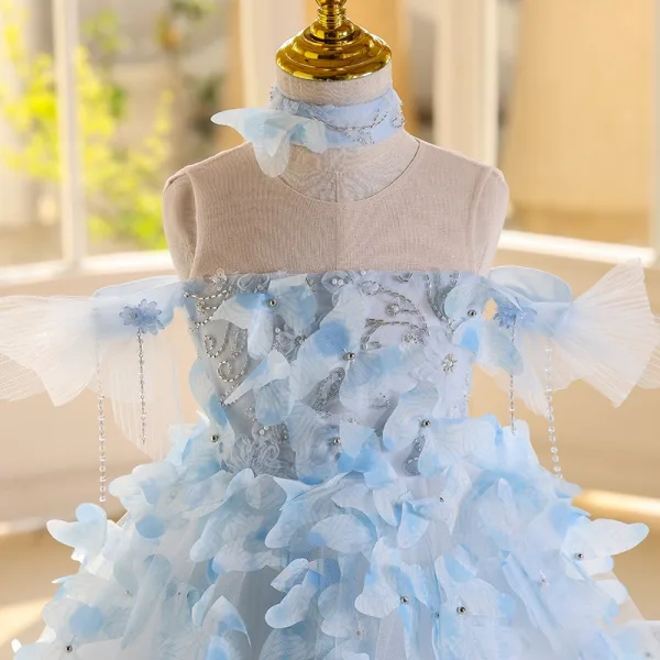 Flower Fairy Sky Blue Beading Pearl Butterfly Birthday Flower Girl Dresses 2025 Ball Gown Scoop Neck Sleeveless Backless Floor-Length / Long