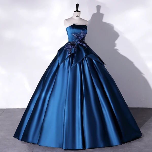 Vintage / Retro Navy Blue Satin Prom Dresses 2022 Ball Gown Strapless Pearl Lace Flower Sleeveless Backless Floor-Length / Long Formal Dresses