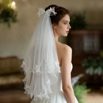 Elegant Hvit Håndlaget Sløyfe Brudeslør 2026