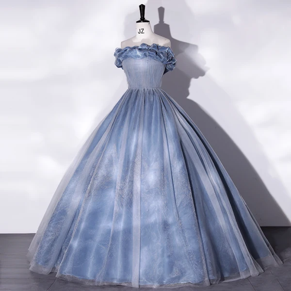 Elegant Sky Blue Prom Dresses 2022 Ball Gown Ruffle Off-The-Shoulder Sleeveless Backless Floor-Length / Long Prom Formal Dresses