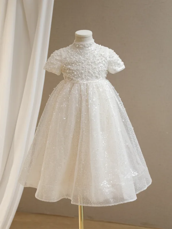 Elegant White Beading Pearl Sequins Wedding Flower Girl Dresses 2024 Ball Gown High Neck Short Sleeve Flower Girl Dresses Floor-Length / Long Tulle