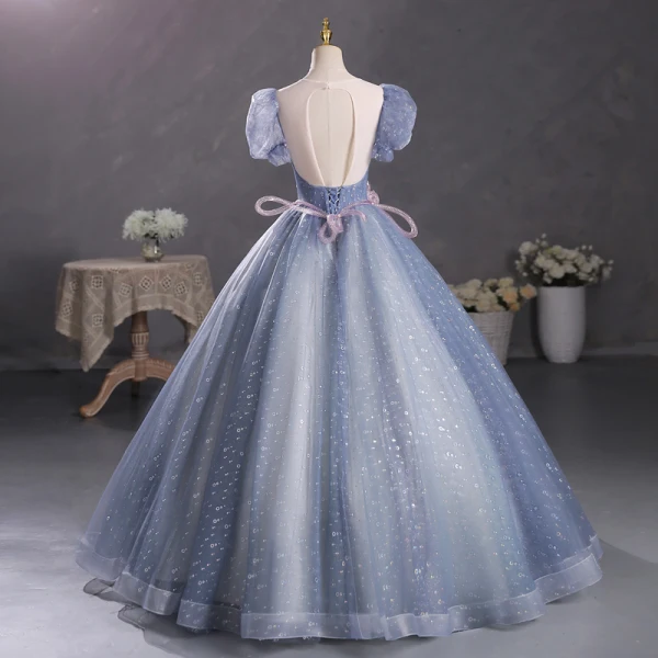 Chic / Beautiful Ocean Blue Sequins Pearl Lace Flower Prom Dresses 2023 Ball Gown Scoop Neck Puffy Short Sleeve Tassel Backless Floor-Length / Long Prom Formal Dresses