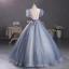 Chic / Beautiful Ocean Blue Sequins Pearl Lace Flower Prom Dresses 2023 Ball Gown Scoop Neck Puffy Short Sleeve Tassel Backless Floor-Length / Long Prom Formal Dresses