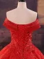 Amazing / Unique Red Beading Sequins Lace Flower Royal Train Wedding Dresses 2025 Ball Gown Off-The-Shoulder Short Sleeve Backless Tulle Wedding