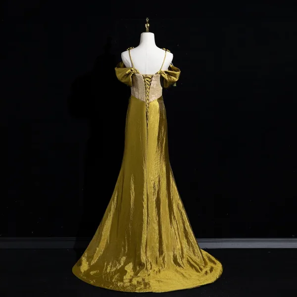 Élégant Armée Verte Trompette / Sirène Robe De Bal 2026 Bretelles Spaghetti Manches Courtes Dos Nu Train De Balayage Promo Robe De Ceremonie