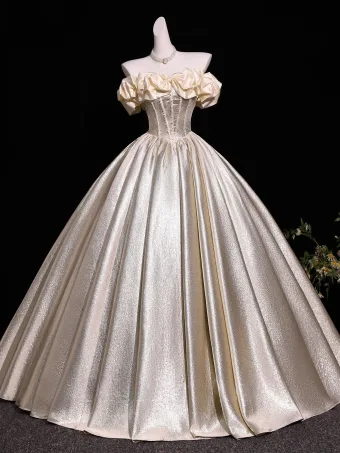 Élégant Robe De Bal Champagne 2026 Robe Boule Volants De L Épaule Manches Courtes Dos Nu Longue Robe De Ceremonie