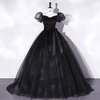 Élégant Noire Tachetée Robe De Bal 2022 Robe Boule Encolure Carrée Gonflée Manches Courtes Dos Nu Noeud Ceinture Longue Promo Robe De Ceremonie