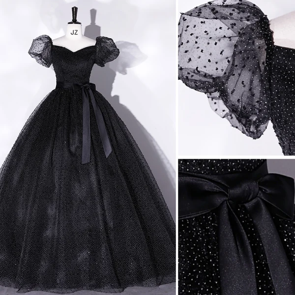 Élégant Noire Tachetée Robe De Bal 2022 Robe Boule Encolure Carrée Gonflée Manches Courtes Dos Nu Noeud Ceinture Longue Promo Robe De Ceremonie