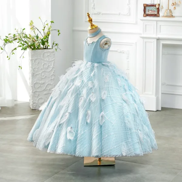Classy Sky Blue Beading Rhinestone Sequins Birthday Flower Girl Dresses 2024 Ball Gown High Neck Sleeveless Floor-Length / Long Tulle