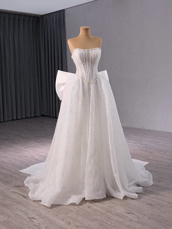 Luxe Blanche Fait main Perlage Perle Paillettes Robe De Mariée 2024 Trompette / Sirène Bustier Sans Manches Dos Nu Noeud Train De Balayage Mariage