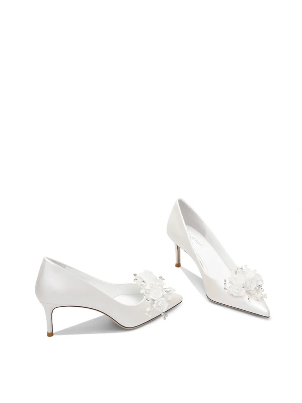 Elegant White Satin Appliques Rhinestone Wedding Shoes 2024 8 cm Stiletto Heels Pointed Toe Wedding Pumps High Heels