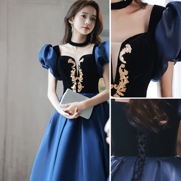 Elegant Navy Blue Satin Prom Dresses 2022 A-Line / Princess Square Neckline Puffy Short Sleeve Backless Floor-Length / Long Formal Dresses