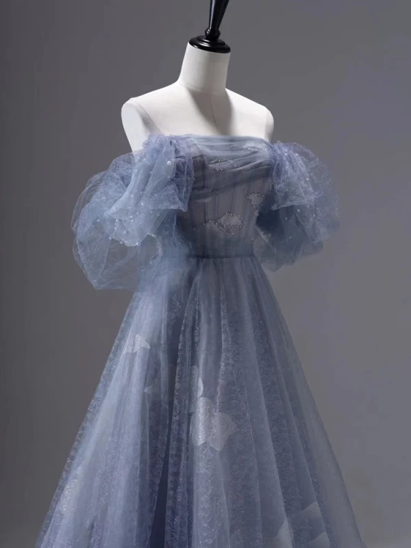 Sexy Ocean Blue Pearl Sequins Evening Dresses 2023 A-Line / Princess Sleeveless Backless Floor-Length / Long Tulle Off-The-Shoulder Evening Party Formal Dresses