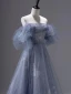 Sexy Ocean Blue Pearl Sequins Evening Dresses 2023 A-Line / Princess Sleeveless Backless Floor-Length / Long Tulle Off-The-Shoulder Evening Party Formal Dresses