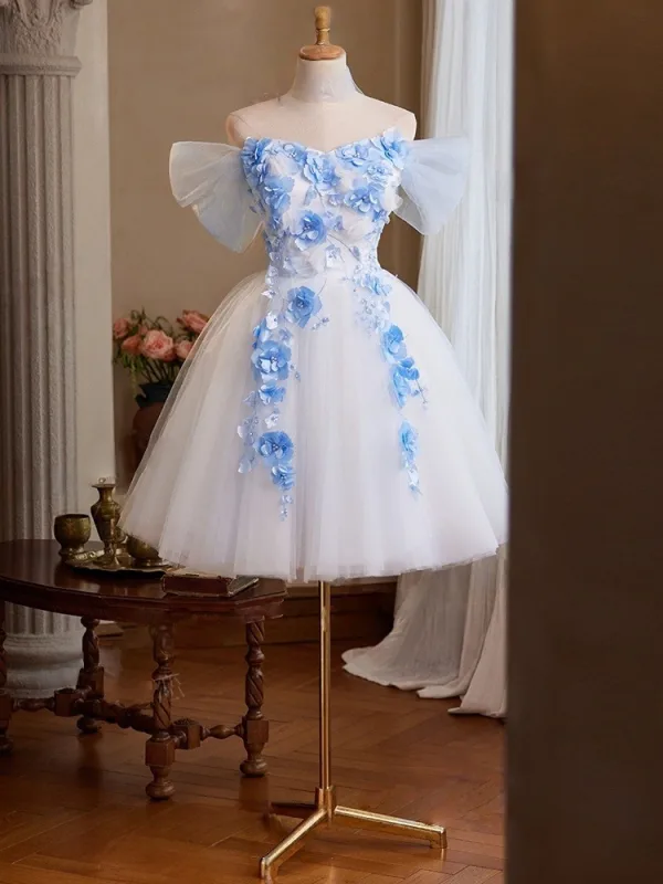 Chic / Belle Blanche Perle Appliques Courte de retour Robe De Graduation 2025 Princesse De l'épaule Manches Courtes Dos Nu Tulle