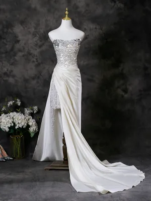 Sexy Blanche Perlage Perle Paillettes Robe De Soirée 2025 Trompette Sirène Bustier Sans Manches Dos Nu Train De Balayage Robe De Ceremonie