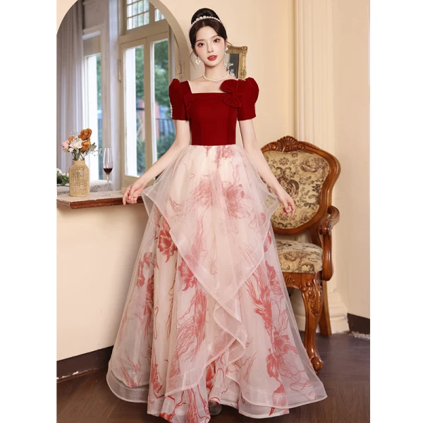 Chic / Beautiful Burgundy Prom Dresses 2023 A-Line / Princess Square Neckline Bow Short Sleeve Backless Floor-Length / Long Formal Dresses