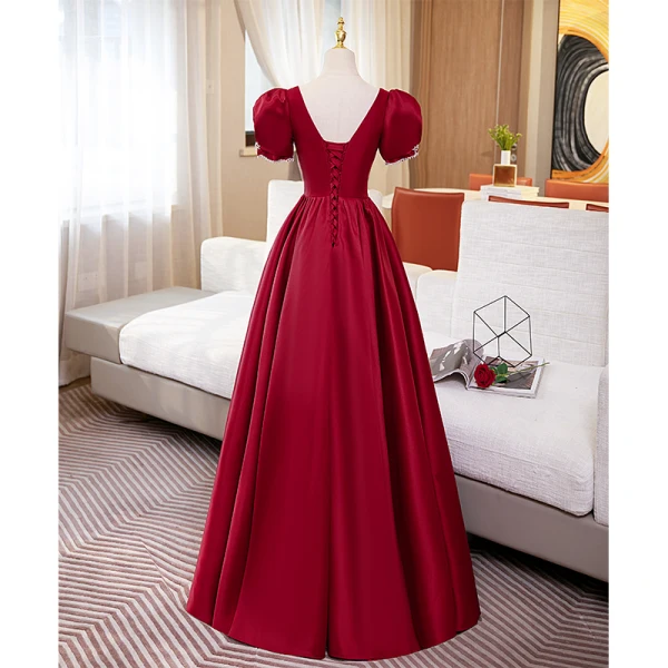 Elegant Burgundy Satin Prom Dresses 2022 A-Line / Princess Square Neckline Short Sleeve Rhinestone Bow Backless Floor-Length / Long Formal Dresses