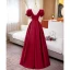 Elegant Burgundy Satin Prom Dresses 2022 A-Line / Princess Square Neckline Short Sleeve Rhinestone Bow Backless Floor-Length / Long Formal Dresses