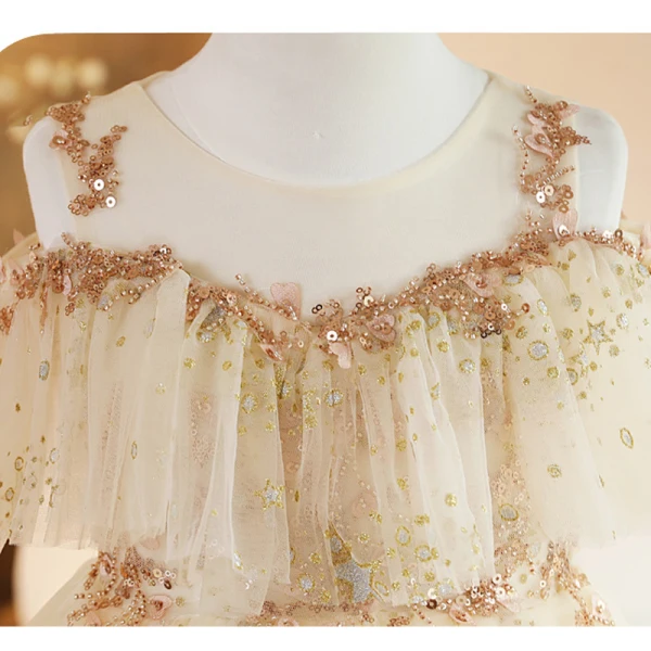 Charming Champagne Beading Sequins Birthday Flower Girl Dresses 2023 Ball Gown Scoop Neck Short Sleeve Backless Floor-Length / Long Flower Girl Dresses