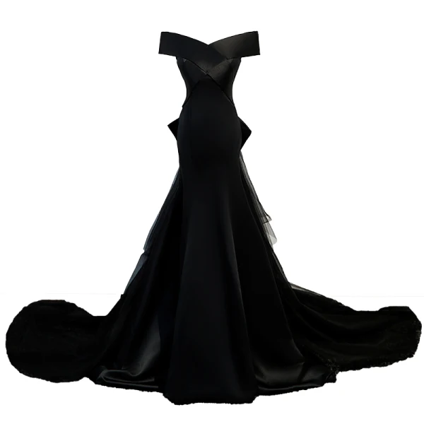 Chic / Belle Noire Satin Robe De Soirée 2023 Trompette / Sirène De l'épaule Manches Courtes Dos Nu Noeud Train De Balayage Soirée Robe De Ceremonie
