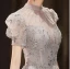 Elegant Grey Beading Sequins Prom Dresses 2024 Backless A-Line / Princess High Neck Short Sleeve Floor-Length / Long Prom Formal Dresses