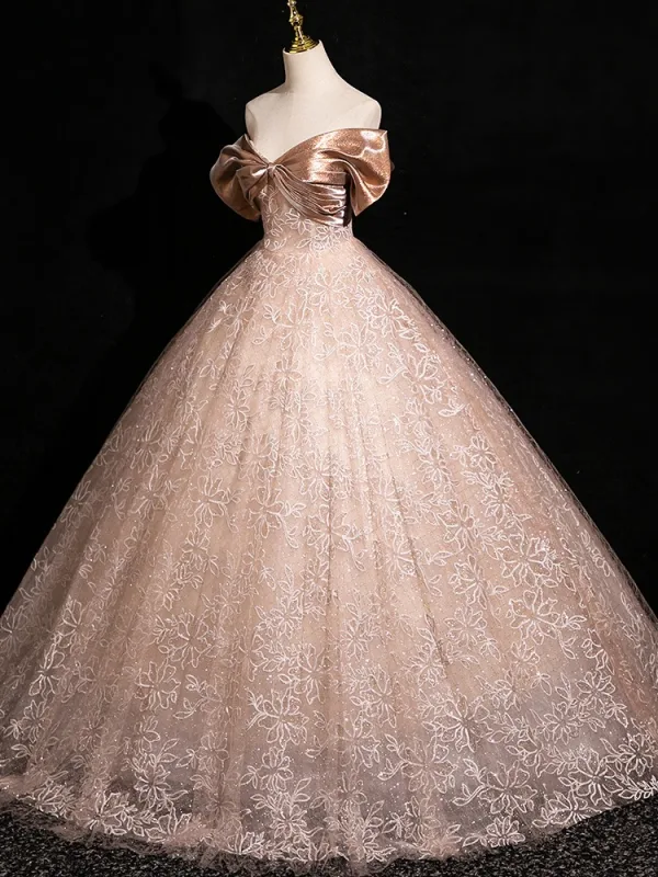 Charming Champagne Sequins Prom Dresses 2024 Ball Gown Off-The-Shoulder Short Sleeve Backless Floor-Length / Long Prom Formal Dresses